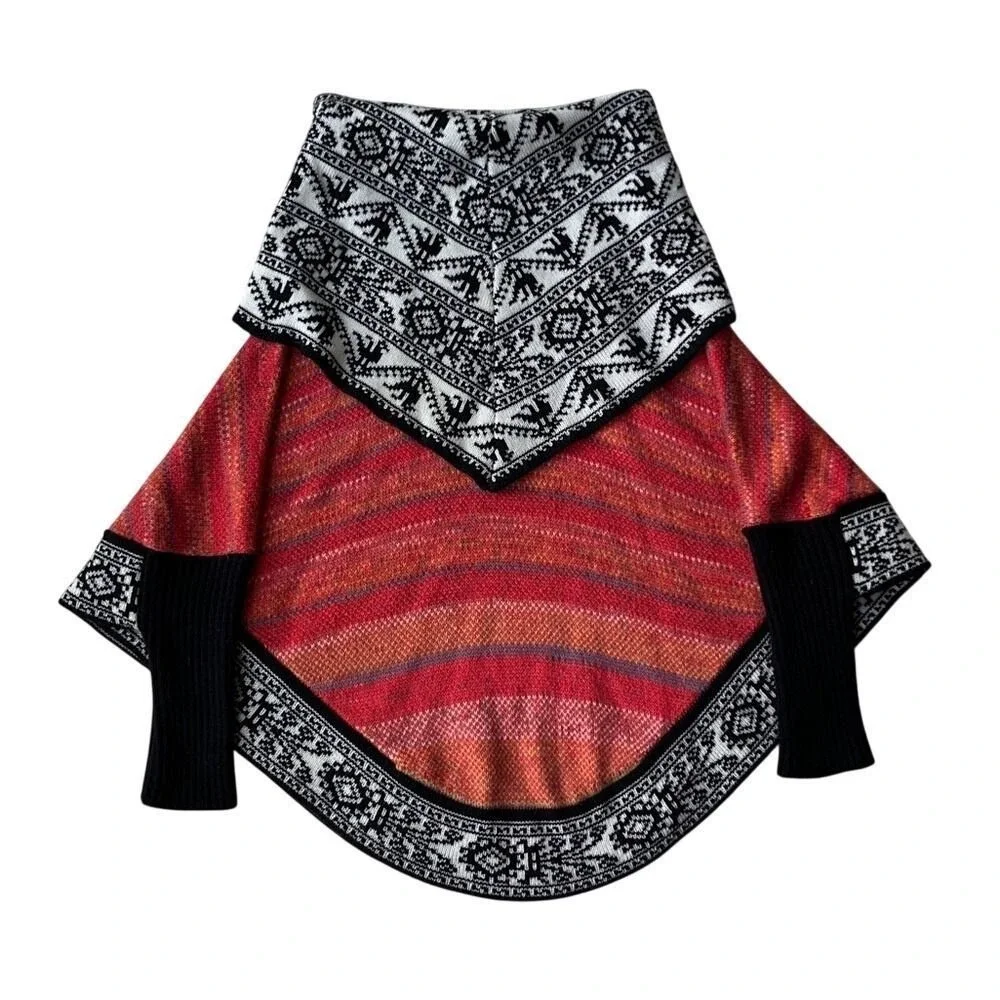Jahuari Alpaca‎ Wool Knit Fair Isle Poncho Sweater Red OS